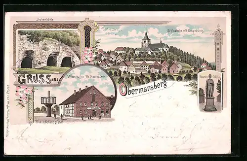 Lithographie Obermarsberg, Gasthaus von P. Bartholome und Schandpfahl, Drakenhöhle