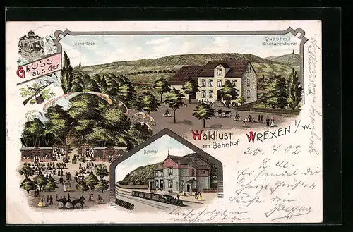 Lithographie Wrexen i. W., Gasthaus Waldlust am Bahnhof, Eisenbahn am Bahnhof