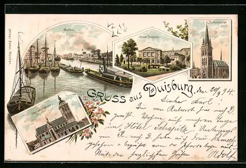 Vorläufer-Lithographie Duisburg, 1894, Städt. Tonhalle, Salvatorkirche, Hafen