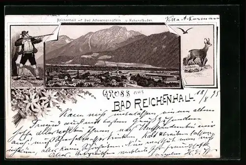 Vorläufer-Lithographie Bad Reichenhall, 1895, Ortsansicht mit Bad Achselmannstein und Hoherstaufen, Jäger und Gams