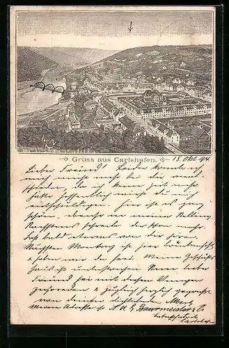 Vorläufer-Lithographie Carlshafen, 1894, Panoramablick auf den Ort aus der Vogelschau