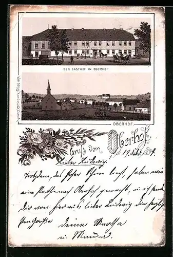 Vorläufer-Lithographie Oberhof, 1894, Darstellung vom Gasthof, Teilansicht mit Kirche
