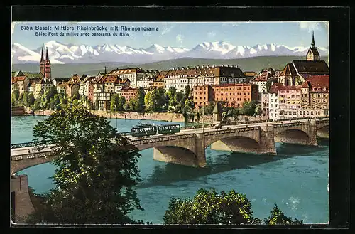 AK Basel, Mittlere Rheinbrücke u. Rheinpanorama mit Strassenbahn