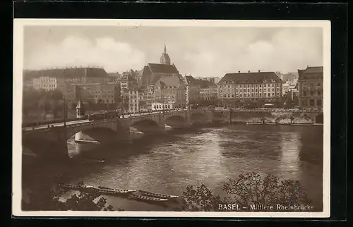 AK Basel, Strassenbahn auf der mittleren Rheinbrücke