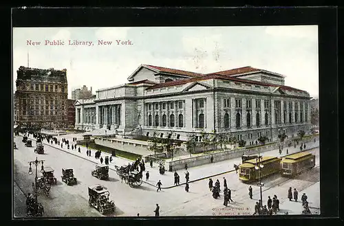 AK New York, New Public Library, Strassenbahn