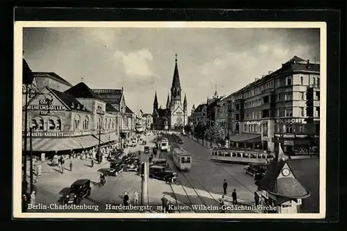 AK Berlin-Charlottenburg, Strassenbahn in der Hardenbergstrasse u. Kaiser-Wilhelm-Gedächtniskirche