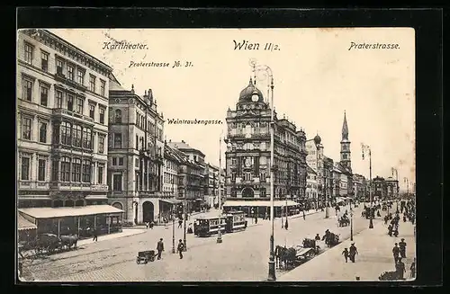 AK Wien, Praterstrasse mit Karltheater und Cirkusgasse, Strassenbahn