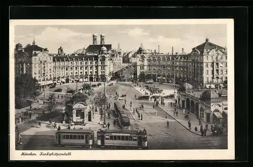 AK München, Strassenbahnverkehr am Karlsplatzrondell