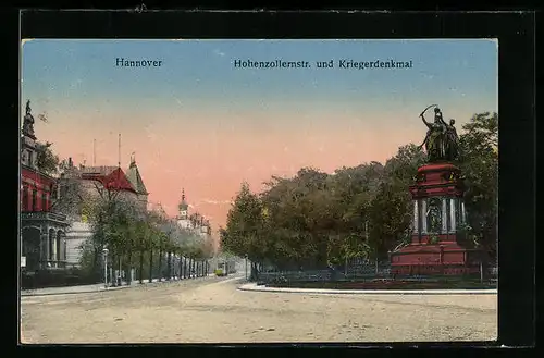 AK Hannover, Hohenzollernstrasse u. Kriegerdenkmal m. Strassenbahn