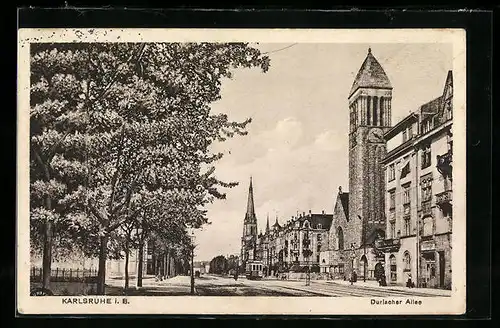 AK Karlsruhe i. B., Durlacher Allee mit Strassenbahn