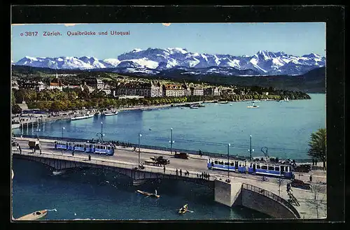 AK Zürich, Quaibrücke mit Strassenbahn