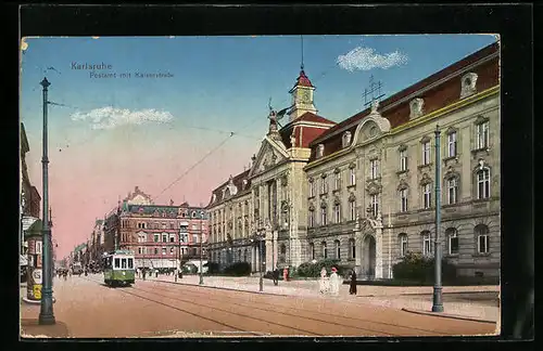 AK Karlsruhe, Postamt mit Kaiserstrasse und Strassenbahn