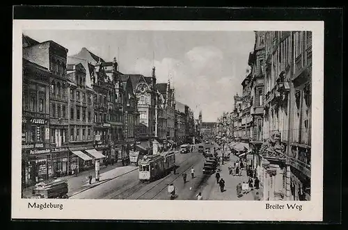AK Magdeburg, Breiter Weg mit Strassenbahn