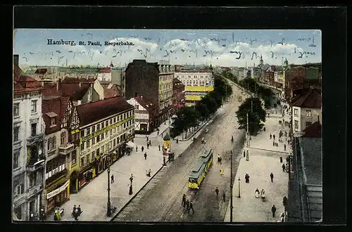 AK Hamburg-St. Pauli, Reeperbahn, Ecke Hamburger Berg mit Gasthaus Bierpalast, Strassenbahn