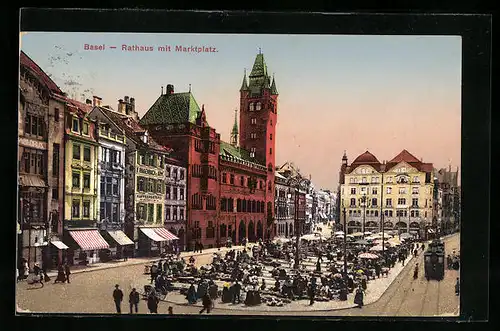 AK Basel, Rathaus mit Marktplatz, Strassenbahn