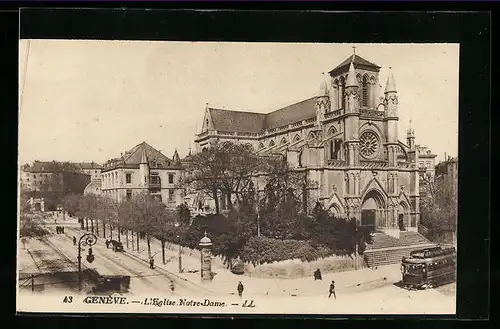 AK Genève, L`Eglise Notre-Dame, Strassenbahn