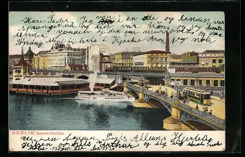 AK Berlin, Schiffe unter und Strassenbahnen auf der Jannowitzbrücke