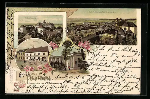 Lithographie Feldsberg, Gasthof Alois Hagn, Schloss Lichtenstein, Teilansicht vom Schlossturm gesehen