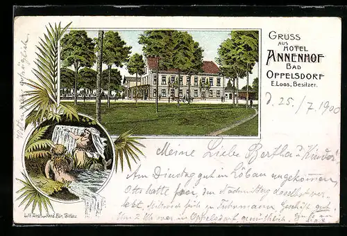 Lithographie Bad Oppelsdorf, Hotel Annenhof von E. Loos, Zwei Frauen beim Baden