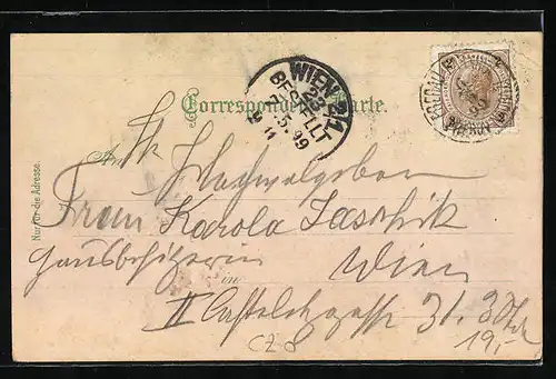 Lithographie Prerau, Teilansicht, Bahnhof, Gymnasium