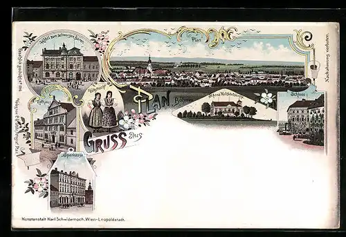 Lithographie Plan /Böhmen, Hotel zum schwarzen Bären, Sparkasse, St. Anna-Wallfahrtskirche