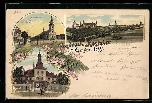 Lithographie Kostelec nad Cern. Lesy, Celkový pohled, Smirickeho namesti, Vjezd do zamku