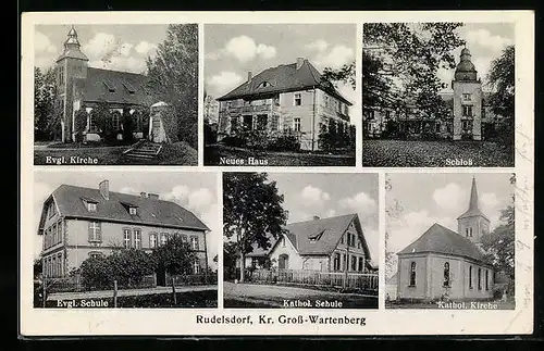 AK Rudelsdorf /Kr. Gross-Wartenberg, Nues Haus, Katholische Kirche, Evangelische Schule