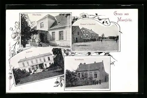 Passepartout-AK Mansfelde, Brauers Gasthof, Schloss, Schule