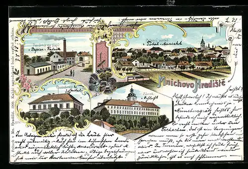 Lithographie Mnichovo Hradiste, Papier-Fabrik, Spital, Totalansicht