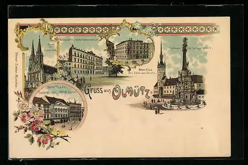 Lithographie Olmütz, Stadttheater, Café Hirsch & Hotel Lauer, Domkirche, Rathaus