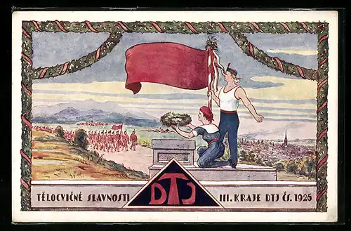 Künstler-AK Plzen, Telocvicne Slavnosti, III. Kraje DTJ Cs. 1926