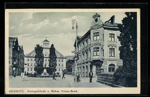 AK Graslitz, Amtsgebäude und Böhm. Union-Bank