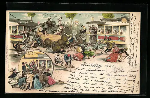 Lithographie Kleines Hindernis, Strassenbahn