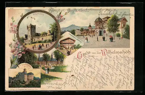 Lithographie Bad Salzbrunn, Elisenhalle, Wilhelmshöh, Schloss Fürstenstein