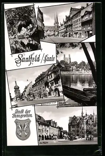 AK Saalfeld / Saale, Blankenburger Strasse, Am Markt, Blick zum Hohen Schwarm, Wappen