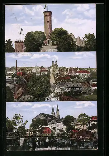 AK Hof i. B., Labyrinth, Strassenpartie aus der Vogelschau, Saalepartie mit S. Michaeliskirche