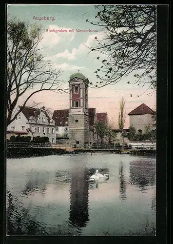 AK Augsburg, Stadtgraben mit Wasserturm