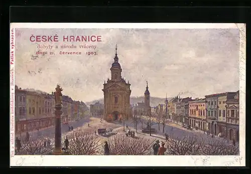 AK Hranice na Morave, Denkmal auf dem Hauptplatz, Blick zur Kirche