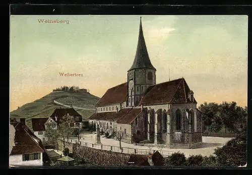 AK Weinsberg, Kirche, Blick zur Burgruine Weibertreu