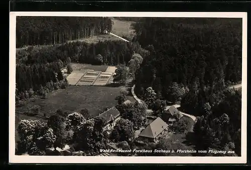 AK Pforzheim, Wald-Restaurant Forsthaus Seehaus vom Flugzeug aus gesehen