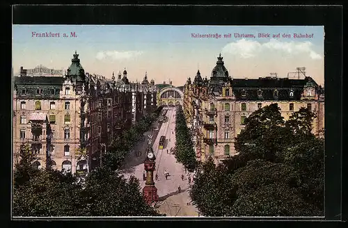 AK Frankfurt a. M., Kaiserstrasse mit Uhrturm, Blick zum Bahnhof