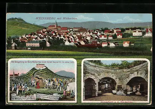 AK Weinsberg, Ortsansicht mit Burgruine Weibertreu, Belagerung der Burg im Jahre 1140, Dichterturm a. d. Weibertreu