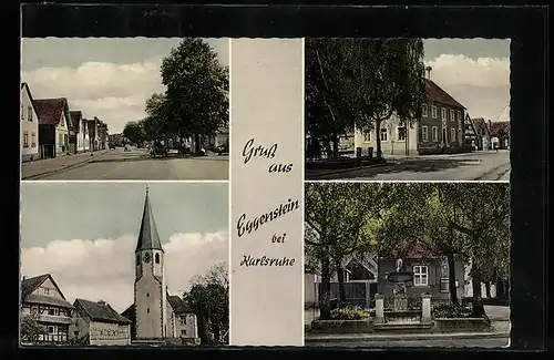 AK Eggenstein, Strassenpartie, Kirche und Brunnen