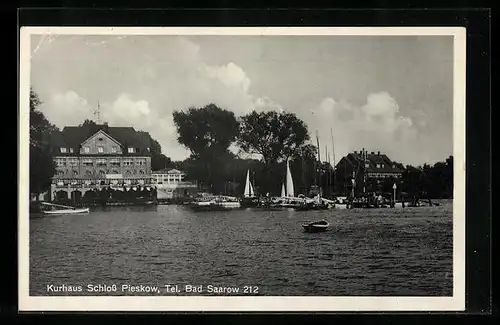 AK Bad Saarow, Kurhaus Schloss Pieskow vom Wasser aus gesehen