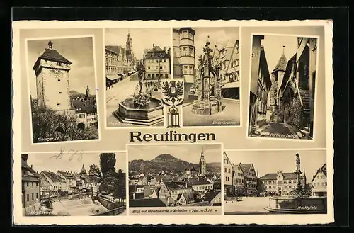 AK Reutlingen, Tübinger Tor, Klein-Venedig, Marktbrunnen, Lindenbrunnen, Partie am Zwinger und Marktplatz