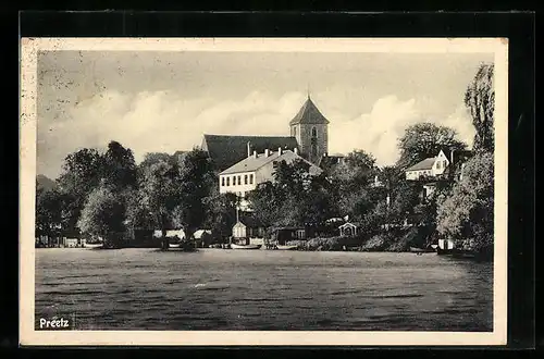 AK Preetz, Ortspartie mit Kirche vom Wasser aus gesehen