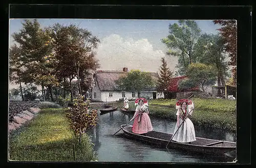 AK Lübbenau / Spreewald, Lübbenauer Kaupen, Junge Frauen in Tracht