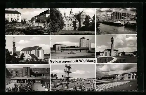 AK Wolfsburg, VW-Werk, Kirche, Rathaus, Schwimmbad und Strassenpartie