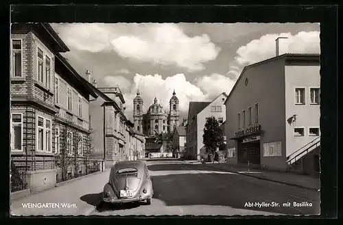 AK Weingarten / Württ., Abt-Hyller-Str. mit Basilika, Neues Theater