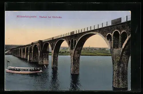 AK Körbecke, Dampfer auf der Möhnetalsperre, Viadukt